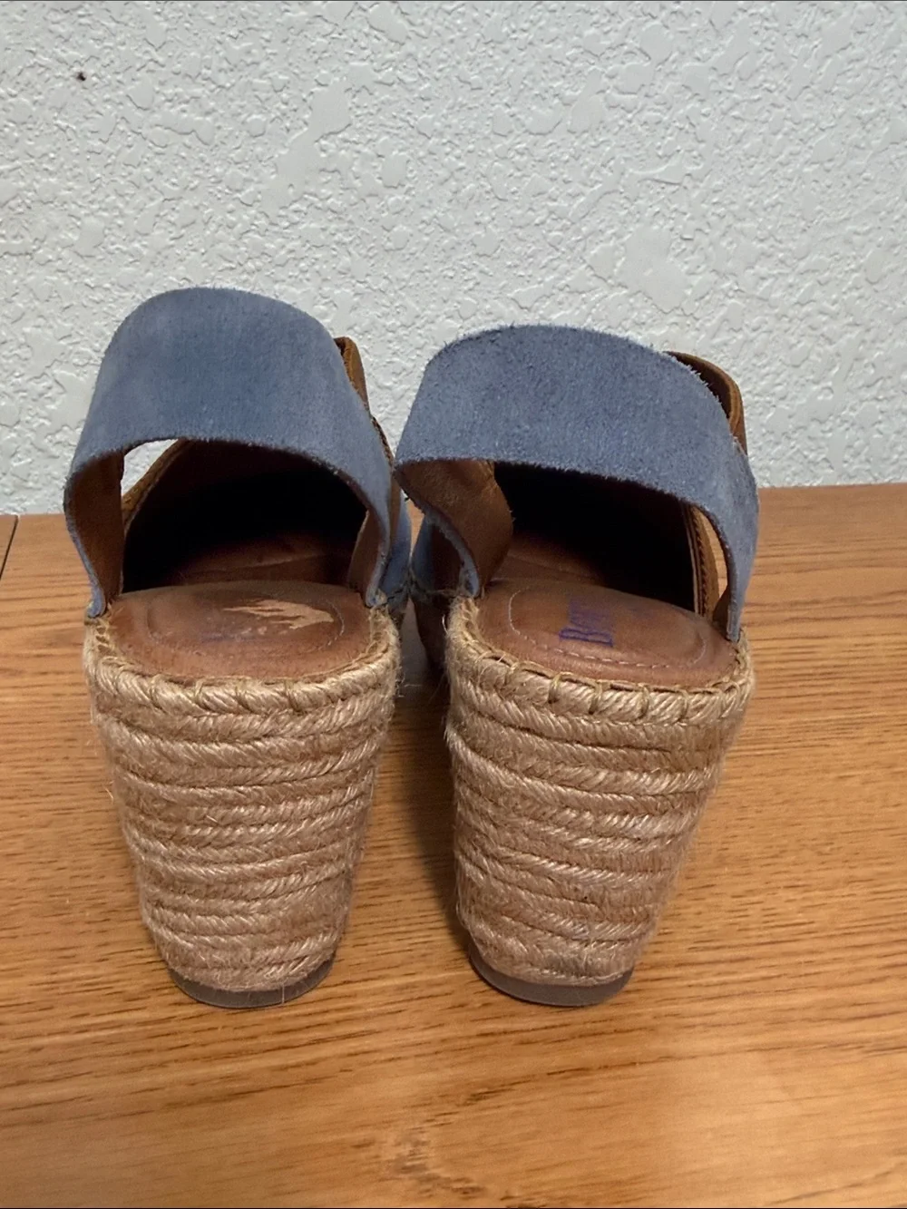Born Blue Suede Espadrille Wedge with Brown Elastic Cross Straps